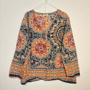 Johnny Was Multi-Color Floral Paisley Blouse L  Lightweight Cotton Medallion Pri